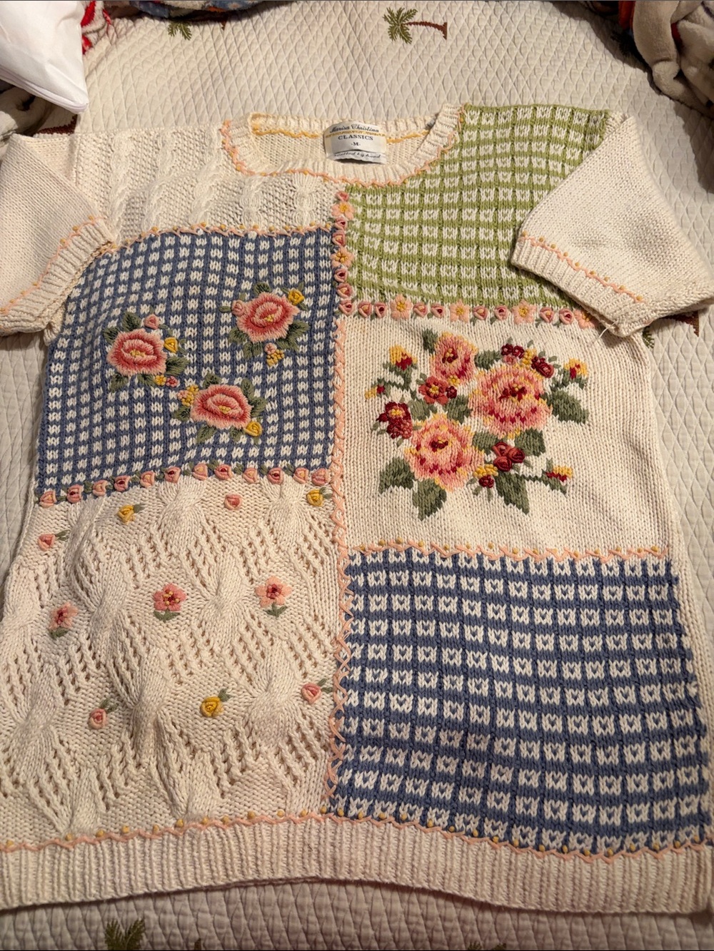 Vintage Marisa Christina Cream hand knitted Sweater with Green and Pink Accents